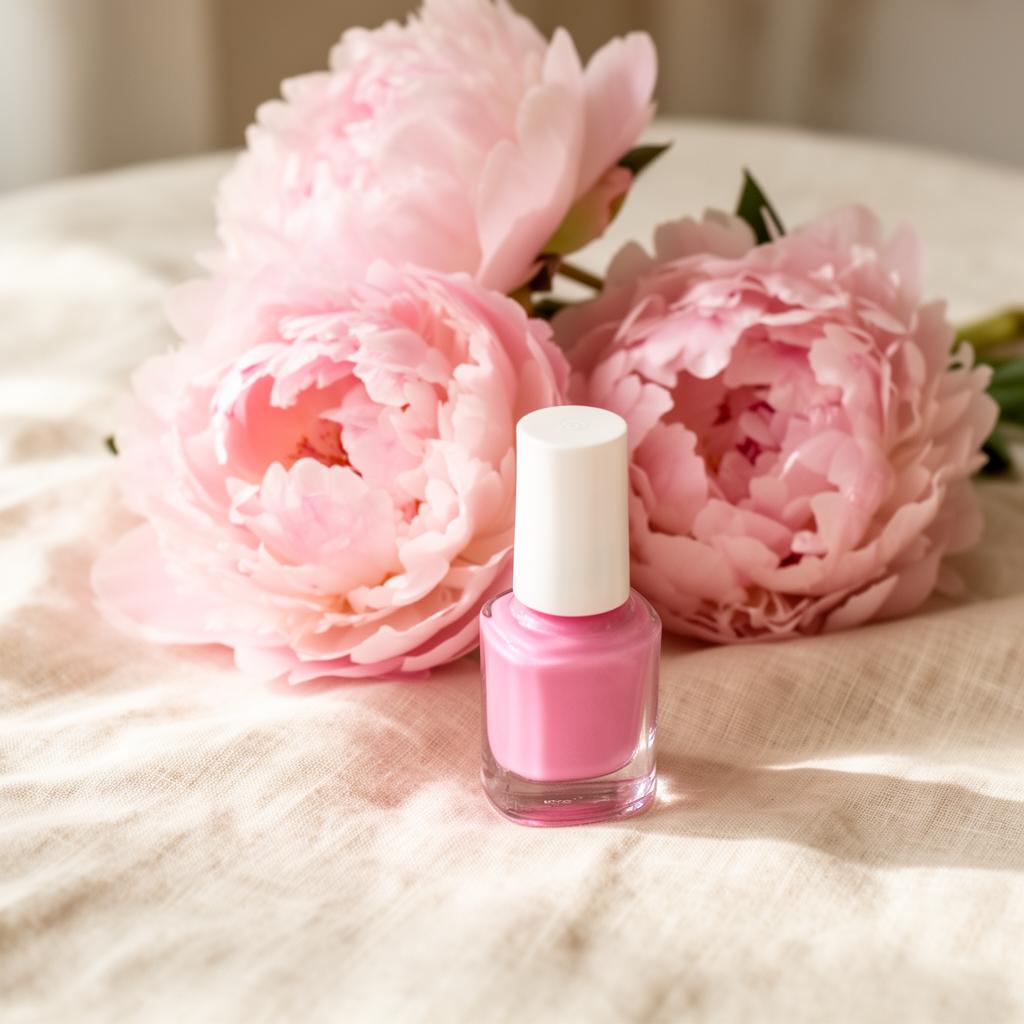 Soft pink peonies beside a delicate pink nail polish — Cristiane Nails Swindon