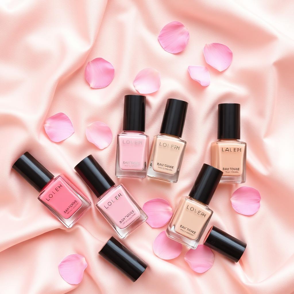 Pink and nude nail polish flat lay on blush silk