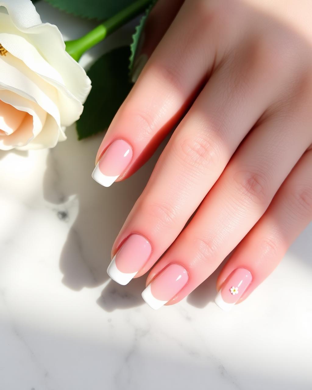 Soft French manicure with delicate floral detail