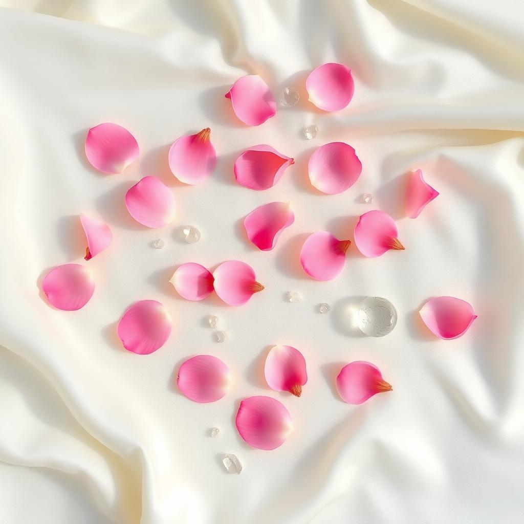 Pink rose petals and crystals on cream silk