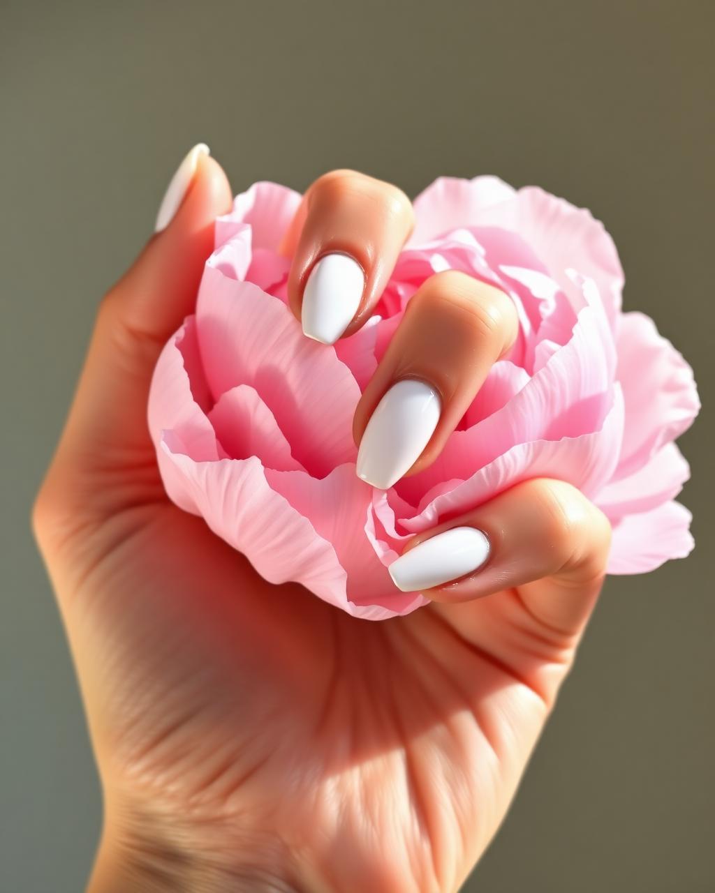 Milky white nails with pearl shimmer holding a peony