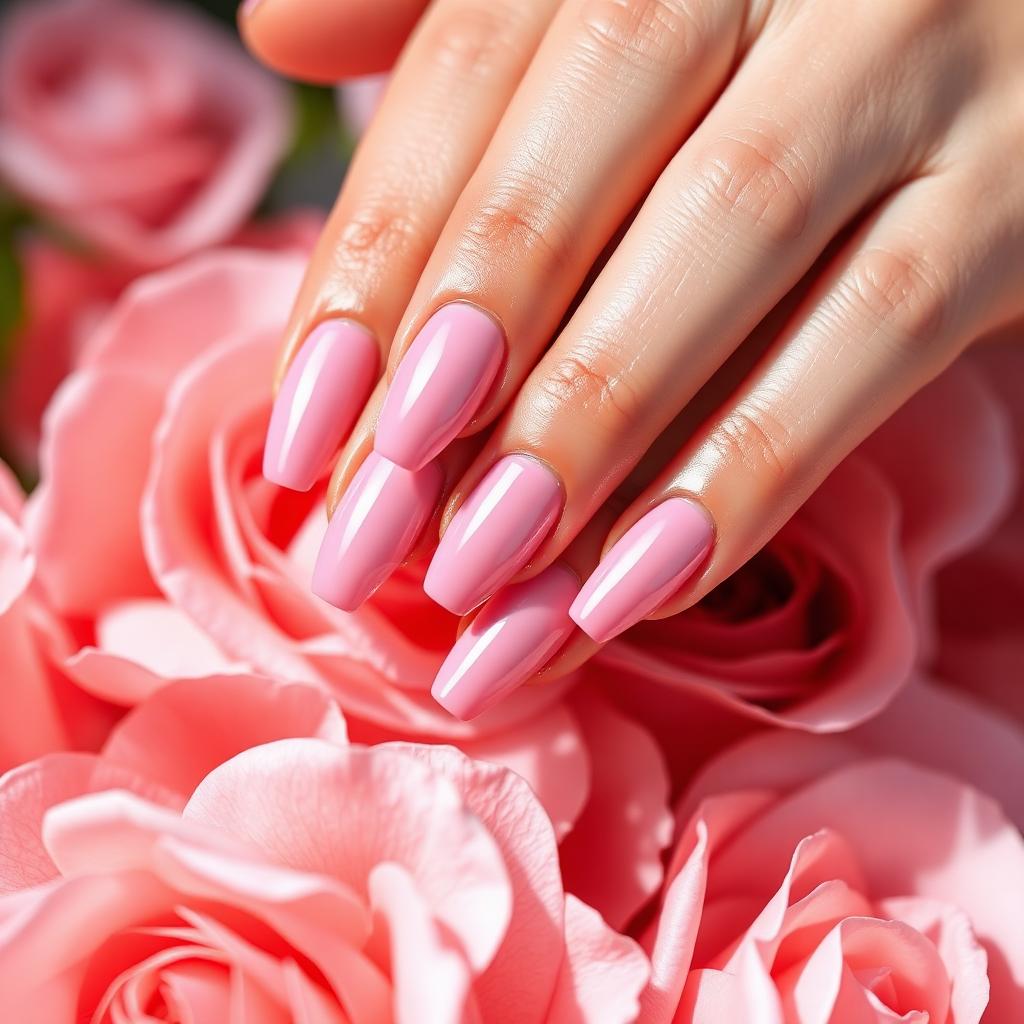 Glossy pink gel nails resting on roses